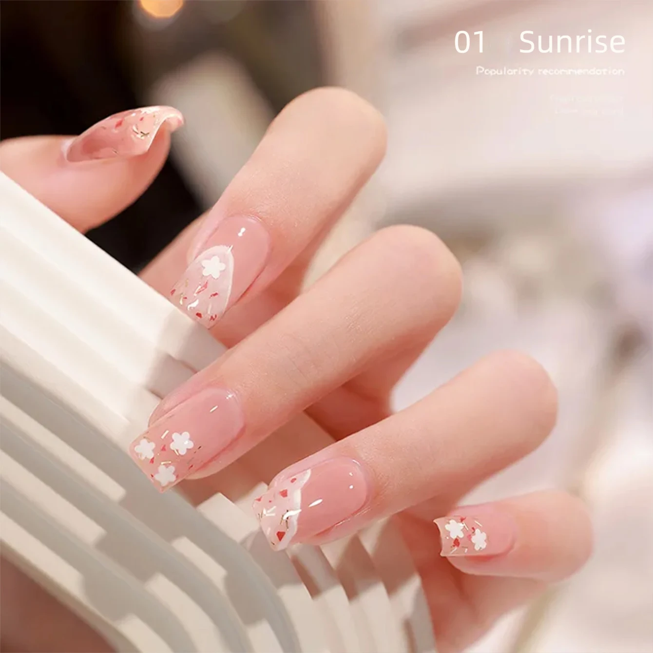 MIANL Spring/Summer Floral Nail Gel: a Semi-Sheer Nude Gel Polish Featuring Holographic Red-Gold Flakes and Dried Flowers