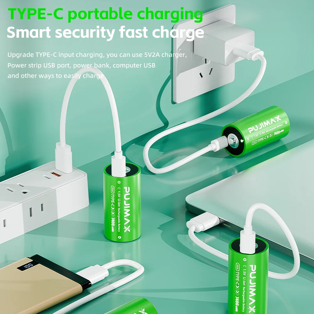 Akumulatory PUJIMAX typu C, rozmiar C, 1,5 V, 7400 mWh, ładowane przez USB-C, o wysokiej wydajności energetycznej, do latarki, wideo, kuchenki gazowej, podgrzewacza wody. — zdjęcie produktu 4