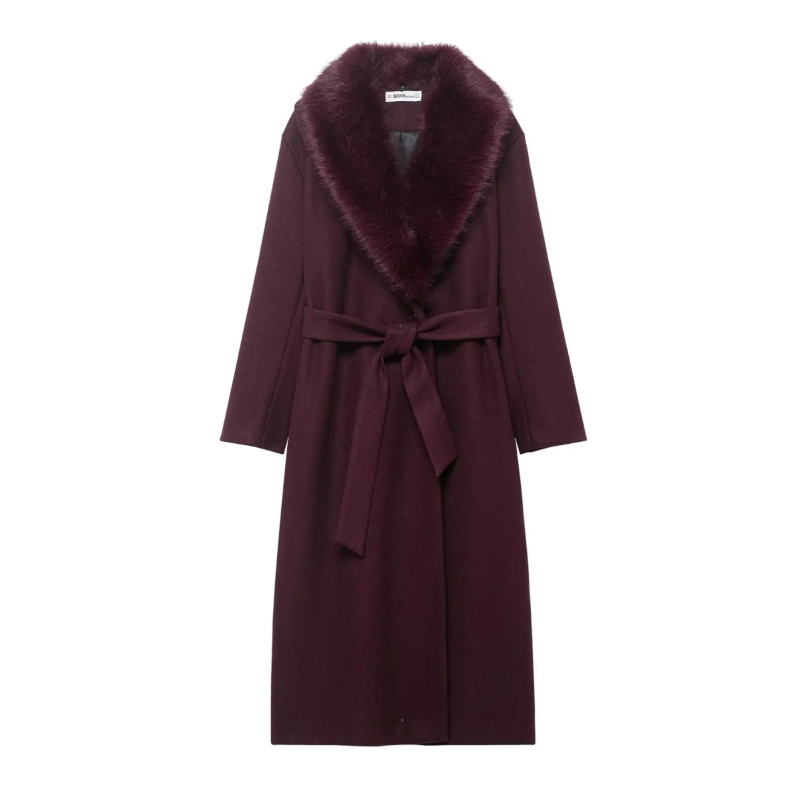 

Women's Burgundy Overcoat 2026 Winter New Chic Long Sleeves Fur Decoration With Belt Coat For Women High Street Elegant New Coat