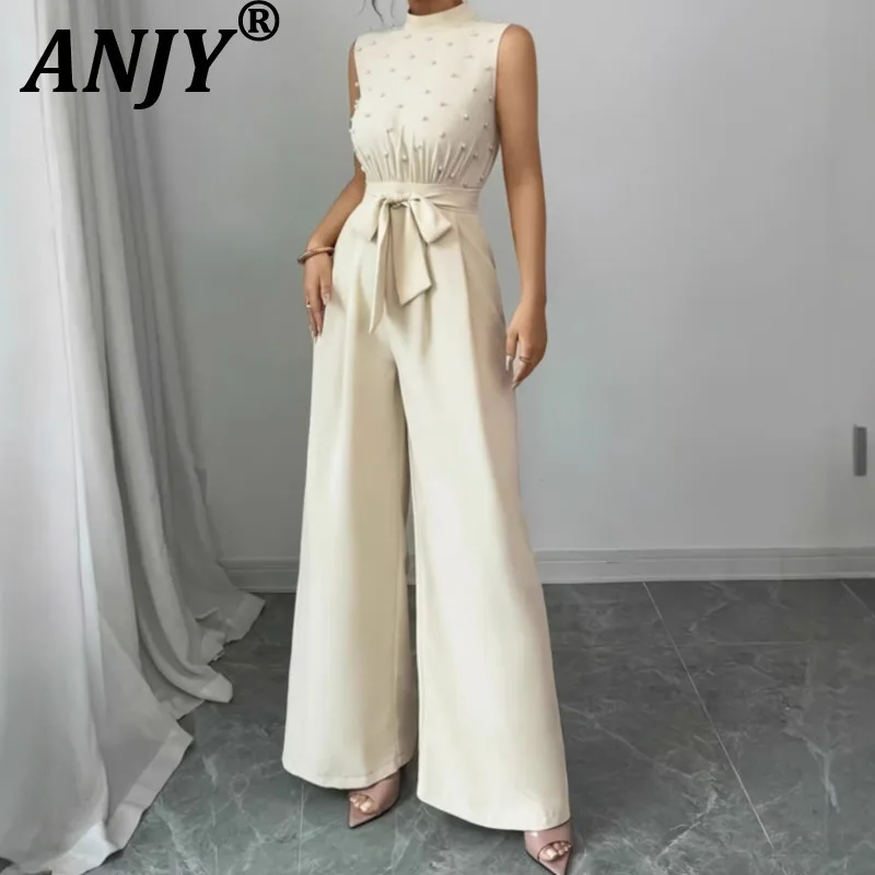 

ANJY Summer New Women Trendy Fashion Embroidered Flares Pleated Lace-Up Suit Elegant Casual Slim Fit Sleeveless Jumpsuit A20421