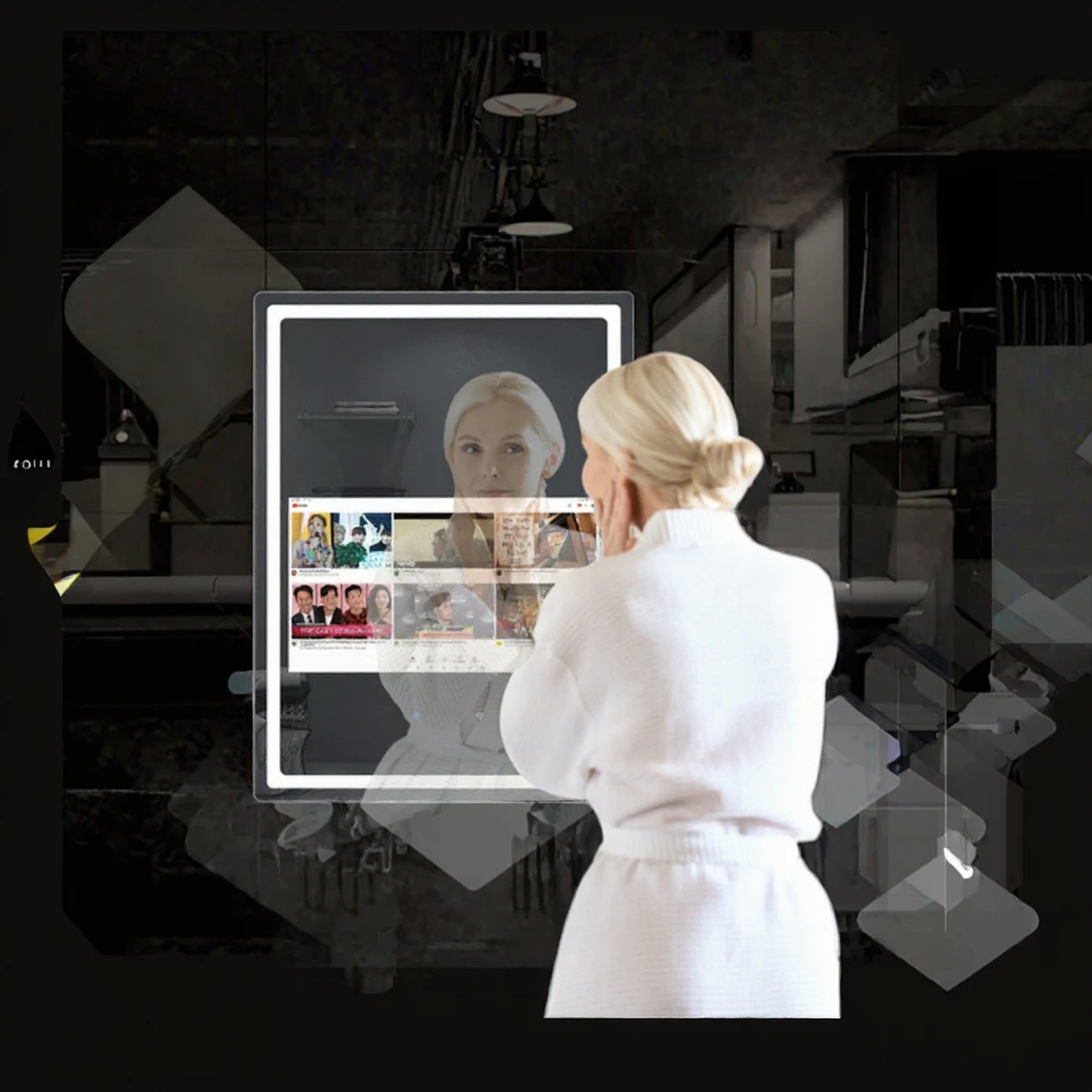 Modern LED Smart Rectangle Hotel Use Wall-Mounted Bathroom Cabinet Illuminated Mirror Touch Control Lighting Graphic Design