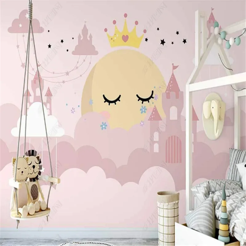 

Nordic Pink Castle Wallpaper for Kid's Room Starry Sky Clouds Children's Room Simple Background Wall Paper Home Decor Murals