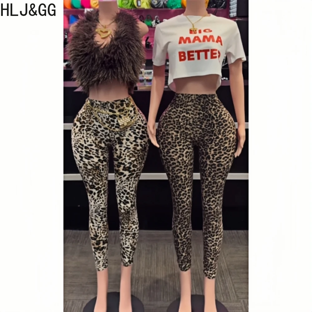 HLJ&GG Fashion Y2K Leopard Print Skinny Pants Two Piece Sets Women Fur Halter Bandage Hollow Top And Pants Outfits Streetwear