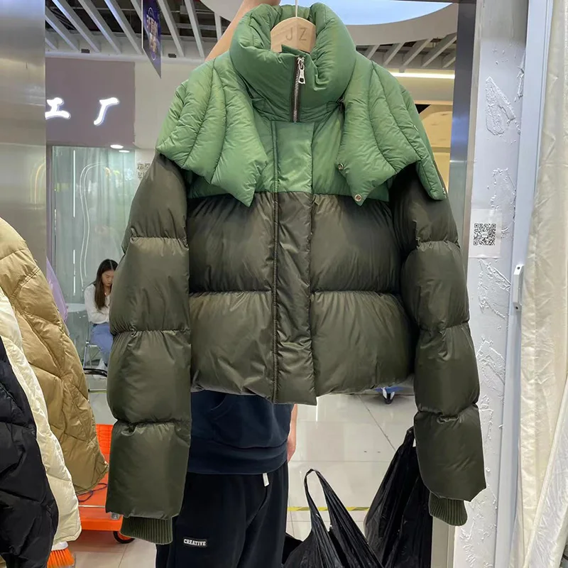 Imagem -02 - Gola à Prova de Vento Fofo Mulher para Baixo Cabolsa Contraste Cor Cortada Puffer Jaquetas 2023 Novo Grosso Quente com Capuz Inverno Parkas