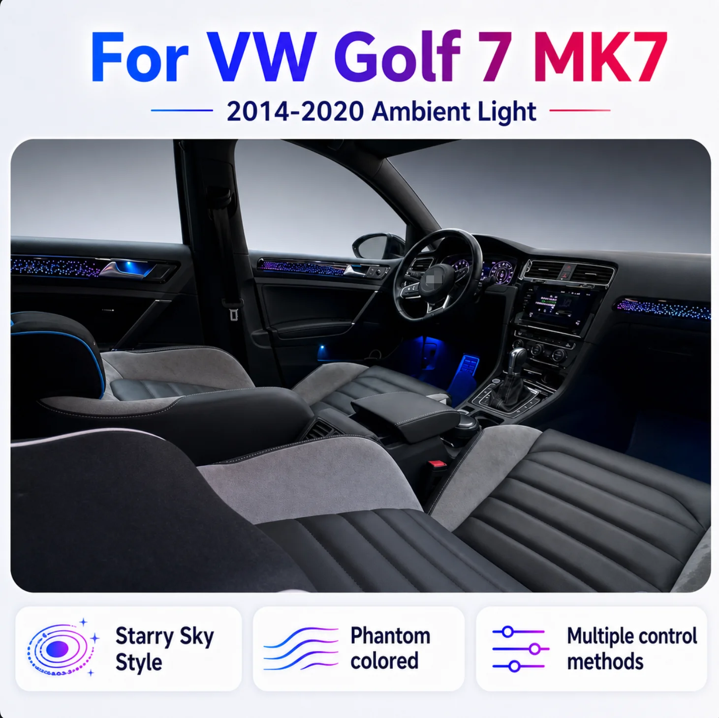 For VW Golf 7 MK7 2014-2020 Ambient Light Kit 64 Colors Interior Atmosphere Lamp APP Control Door Panel Center Console Light