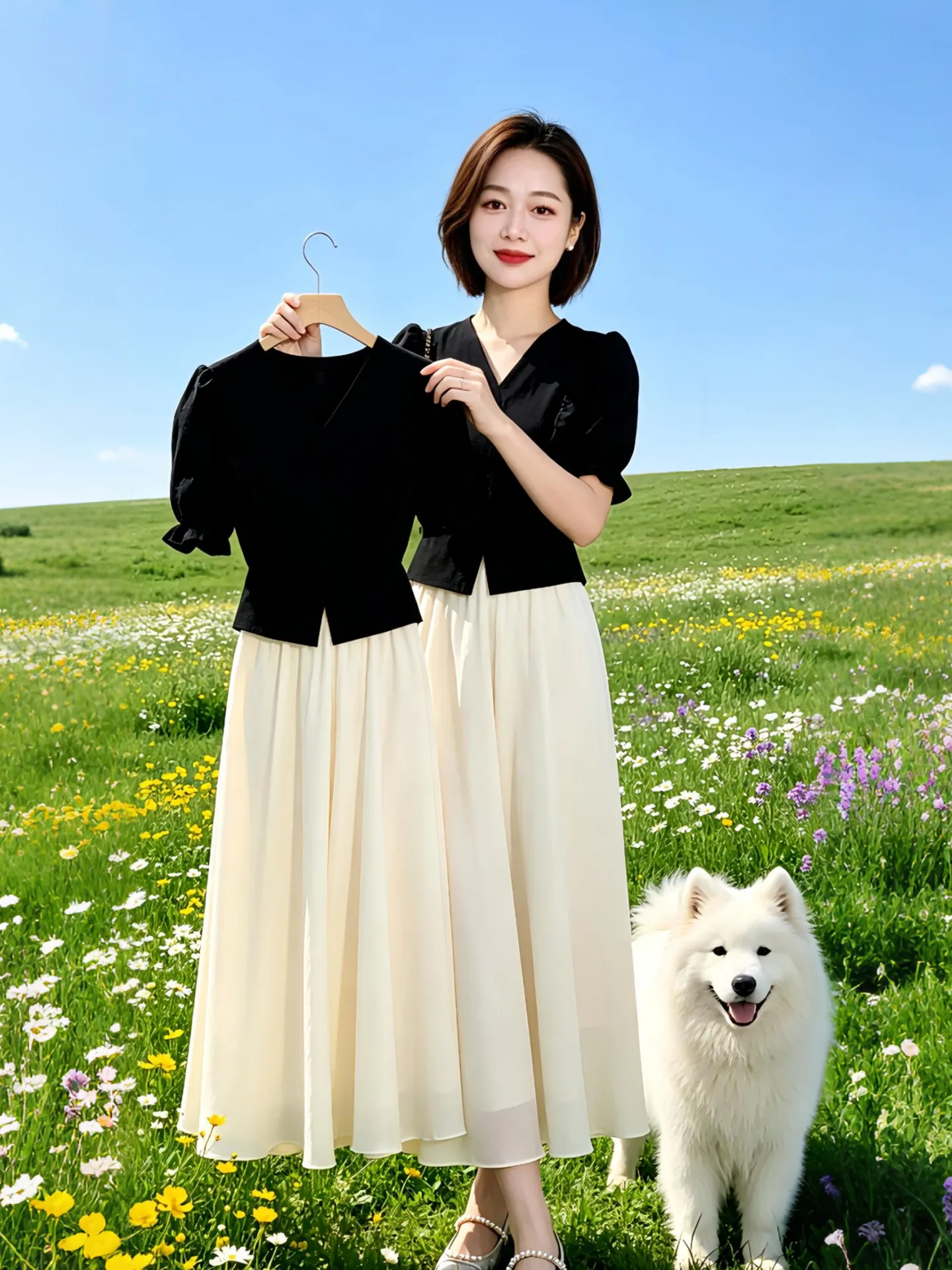 

Unique Early Summer Small Set 2026 New Hepburn High-End Slim Fit Versatile V-Neck Short Sleeve Skirt Pants Fashionable Women'...