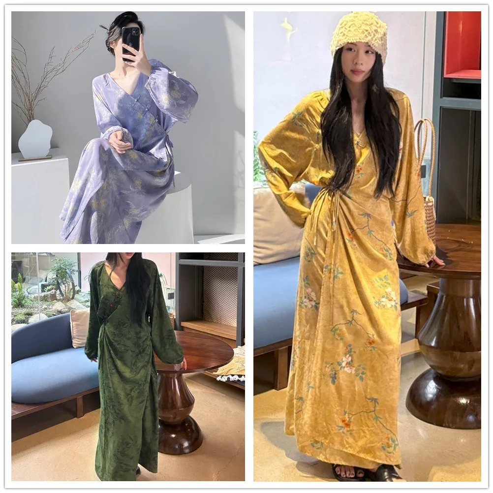 

Female V-Neck Nightgown Chinese Buttons Sleepwear Sexy Long Sleeve Nightdress Spring Summer Viscose Home Wear Loungewear
