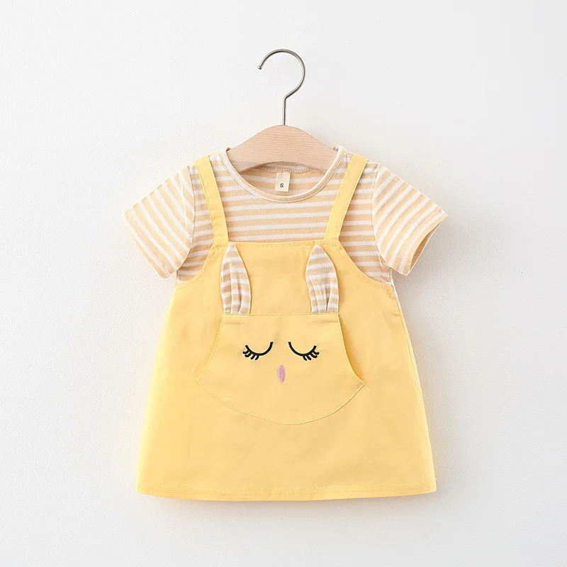 Summer Baby Cartoon Cat Dress Striped Short Sleeve Top Suspended Princess Dress 0-3 Year Old Girls\' Clothing