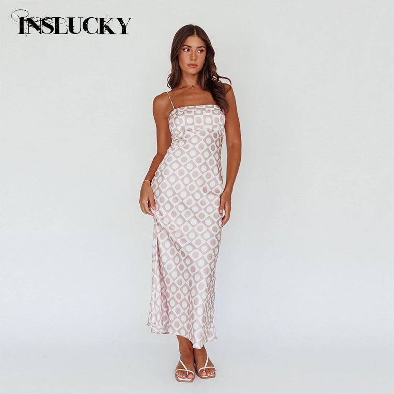 

InsLucky Mocha Print Slim Straight Cami Strap Maxi Dress Women Sleeveless Strapless Bodycon Birthday Party Female Long Dresses