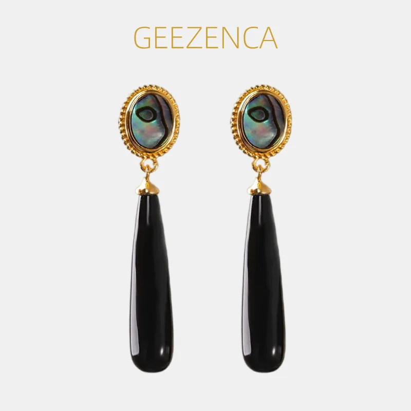 

GEEZENCA 925 Silver Mother of Pearl Onyx Water Drop Charm Women Dangle Earrings Black Agate Geometric Fashion Earring Party Gift