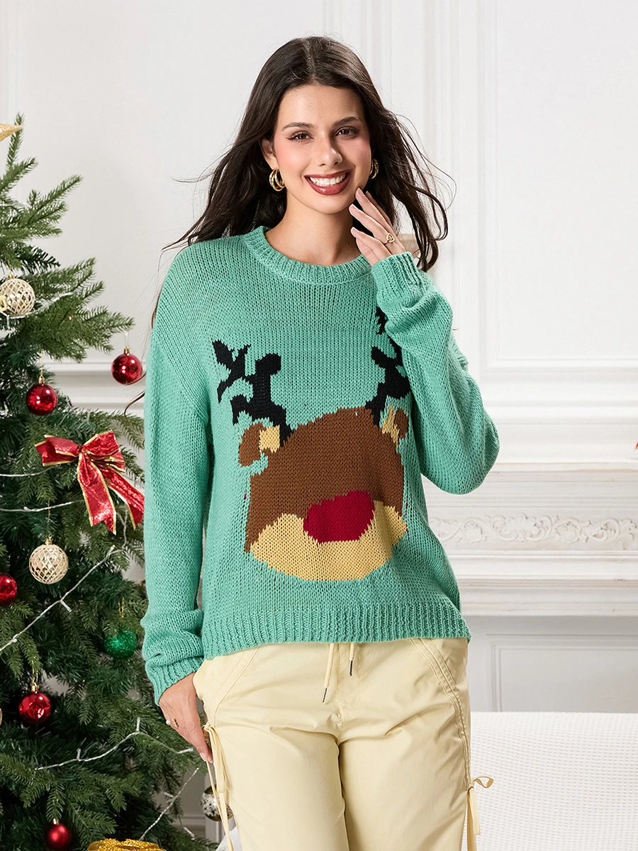 Women's Christmas Sweaters Classic Reindeer/Snowman/Santa Print Long Sleeve Round Neck Knit Jumper Tops