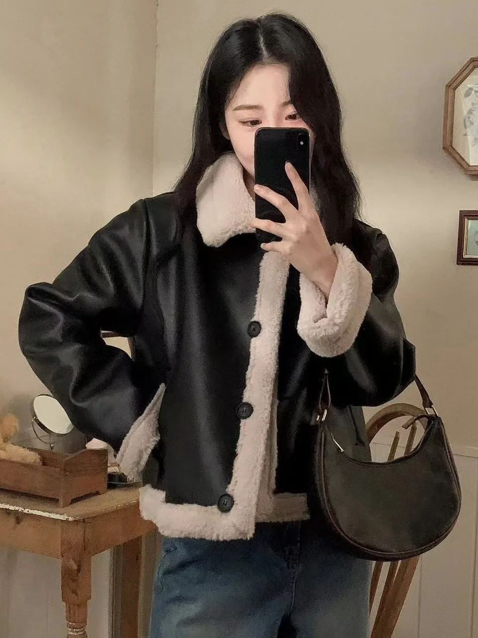 Sli Retro PU cuero Jaet abrigo de mujer piel intercalada ropa de motocicleta invierno nuevo tamaño pequeño Jaet Top