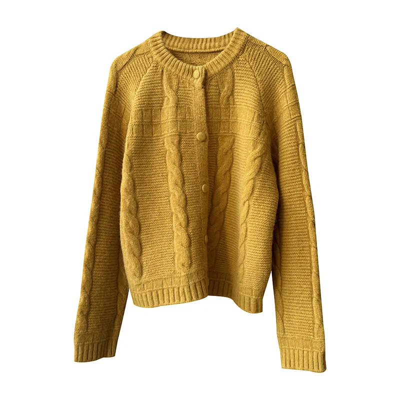 WHTREND Süße Rundhals Geknöpft Twist Stricken Pullover Für Frauen Herbst Winter Lose Stil Strickjacke Top WH2138