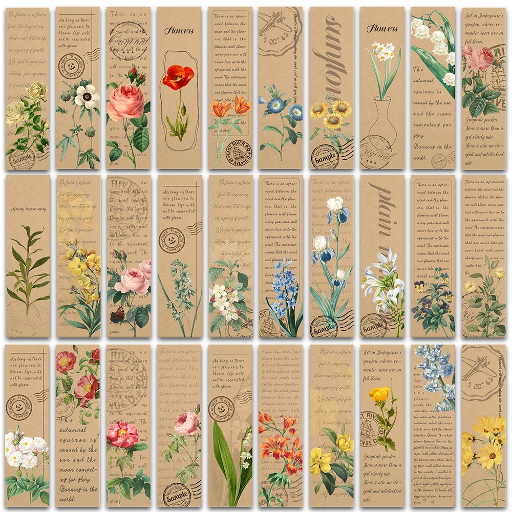 

30pcs Retro plant flower bookmark Reading pages Annotated book marks students create gift paper cards with classical texts