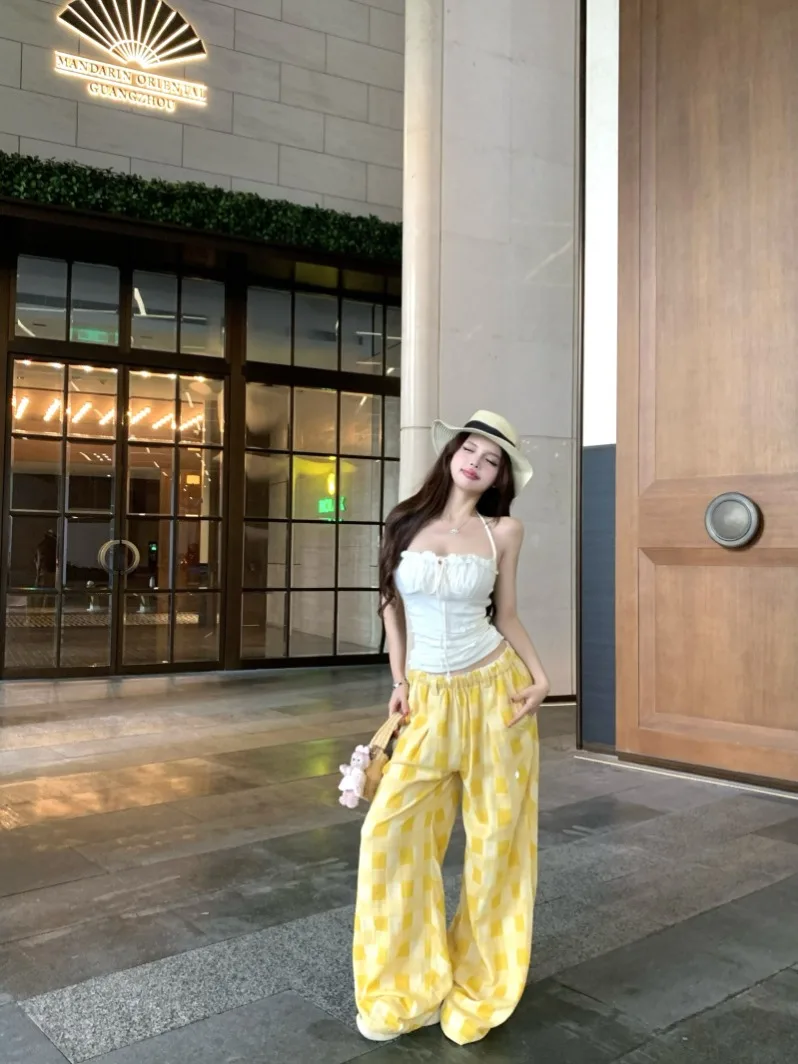

Hot Girl Beaded Strap Vest And Wide Leg Pants Yellow Plaid Summer Two Piece Set Women's Fashion Casual Style Short Sleeve
