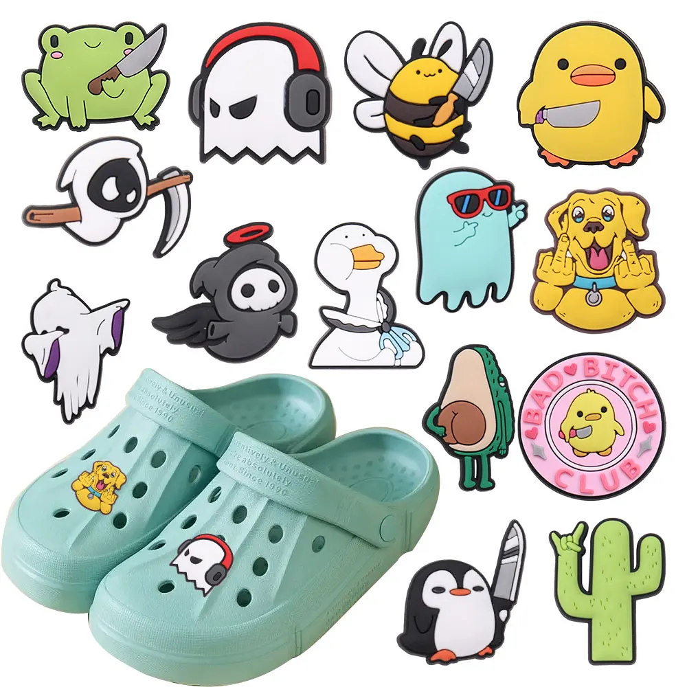 1-14PCS PVC Shoe Charms Cartoon Dog Frog Ghost Knives Garden Shoes Ornaments Fit Wristbands Hole Slipper Accessories Kid Gift