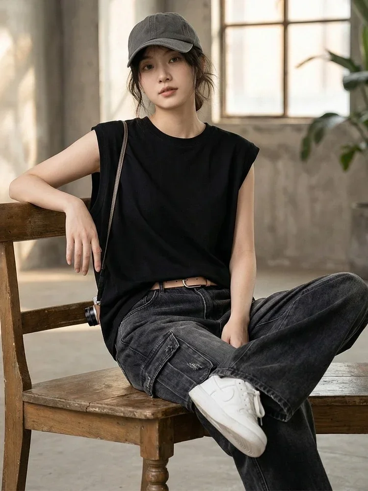 2026 Sommer Baumwoll-Tanktop mit O-Ausschnitt, ärmellos, einfarbig, gerippte Ärmelbündchen, locker sitzend, lässig, vielseitig, Streetwear-Camisole für Damen – Detail 3