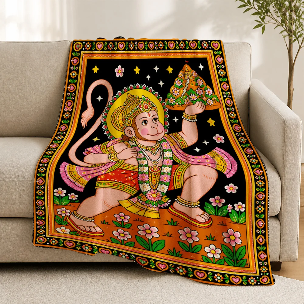 Vibrant Hanuman Lord Hindu Gods Art Sofa Throw Blanket Indian Home Decor Tapestry Couch Cover Ethnic Mythology Indian Spiritual