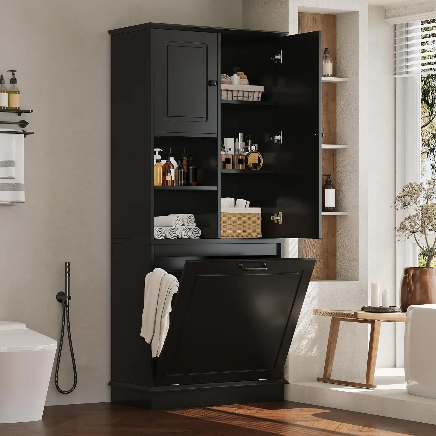 68" Tall Bathroom Storage Display Cabinet with 2 Doors & Built-In Laundry Hamper, Multi-Purpose Organizer with Adjustable Inner Shelf for Household Use Gray