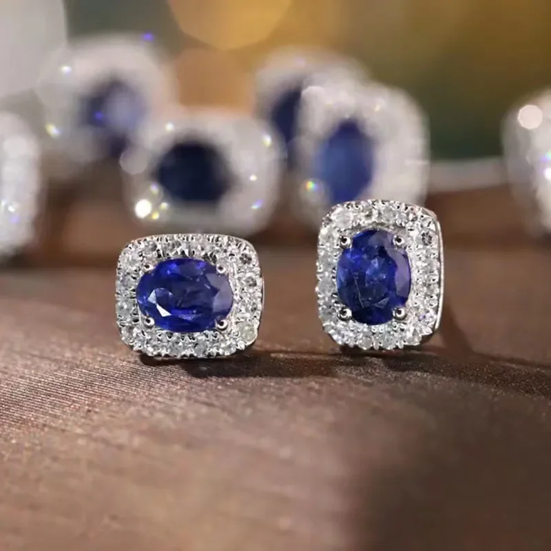 2024 New Klein Blue Zircon Earrings for Women with European and American Style, Fashionable Temperament, High Grade Jewelry