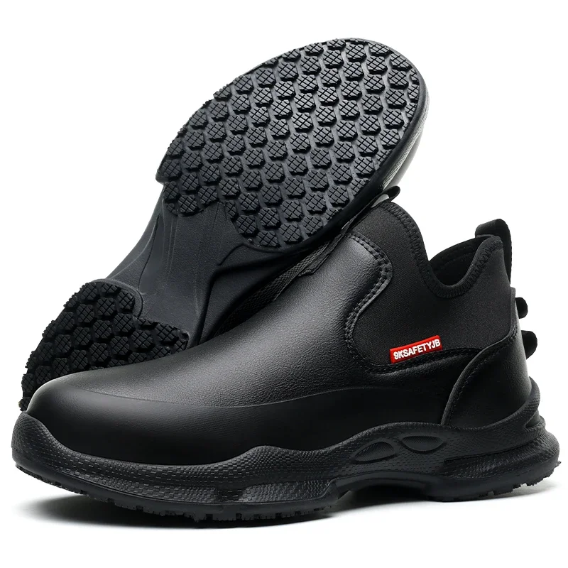 kitchen safety shoes black for chef anti-slip waterproof kitchen boots leather work shoes lightweight safety sneaker for men