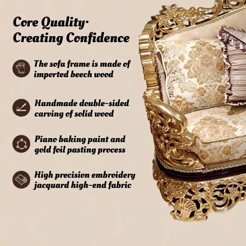 Luxury French Style Solid Wood Carved Sofa Baroque Living Room Couch Gold Leaf Velvet Upholstered Seating for Palace Villa Decor