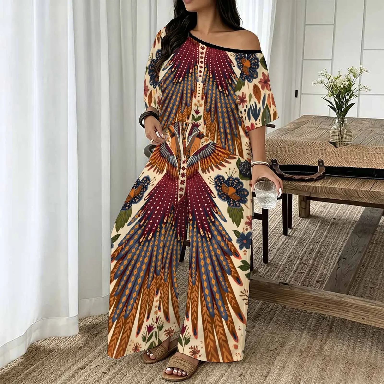 Plus Size Women Spring/summer Print Two Piece Set Street Vacation  Short Sleeved Fashion Retro Tops Everyday  Casual Long Pants
