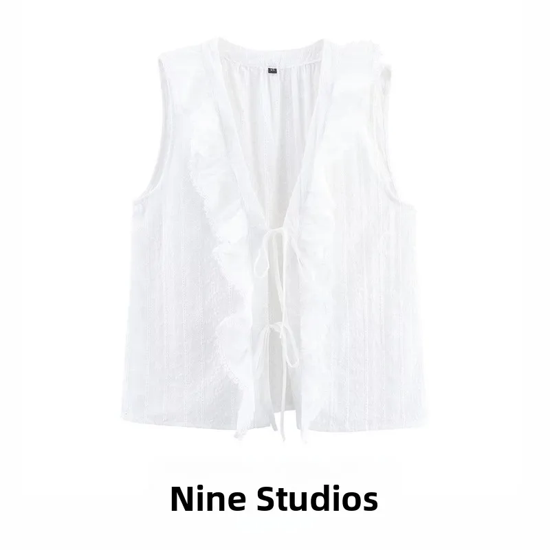 

NINE ZA Women's Embroidered Belted Svel irt Hollow out Layered Decorative Top V-ne Polyester Fiber Regular Length