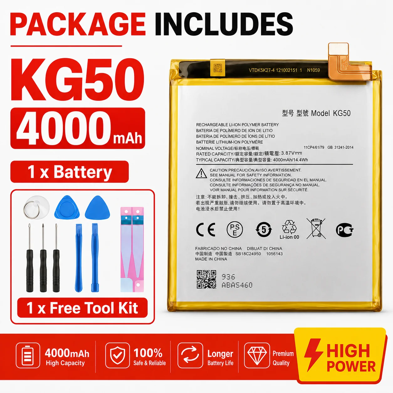 KG50 Li-Polymer Phone Battery 3.85V Standard Drain Rechargeable Cell for Motorola One Hyper XT2027 XT2027-1 XT2027-2 Kit