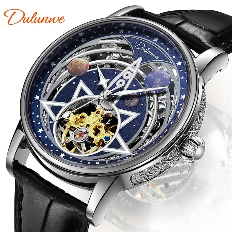 Man Circular Tourbillon Automatic Watch Hollow Moon Phase Luminous Watch Men's Fashion Mechanical Waterproof Sports Watch