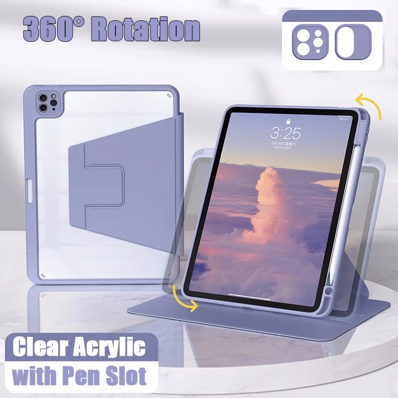 360° Rotating Case For iPad Pro 12.9 Acrylic Back Cover with Pen Slot For iPad 12.9 inch 2022 2021 2020 2018 2017 2015