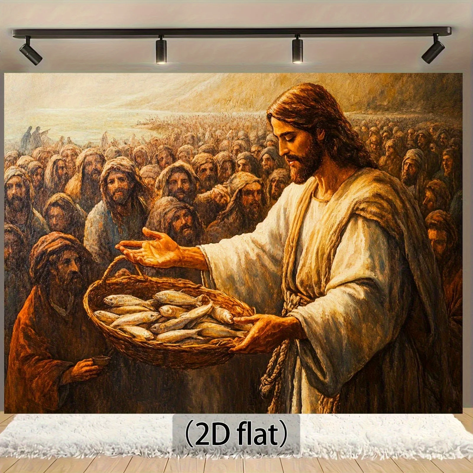One 2D flat background panel featuring a Bible theme, with Jesus, a bread basket and fish.XY
