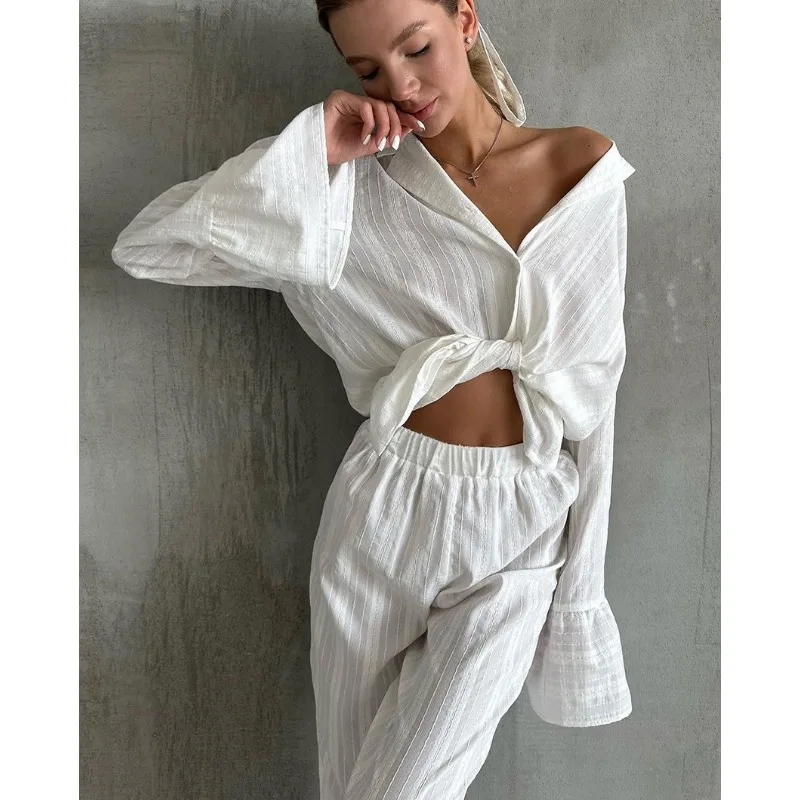 Ensemble de 2 pièces pour femmes, ensemble de vêtements de détente confortables, pyjama à manches longues, chemise et pantalon avec ceinture, ensemble de vêtements de maison, adapté à un usage extérieur