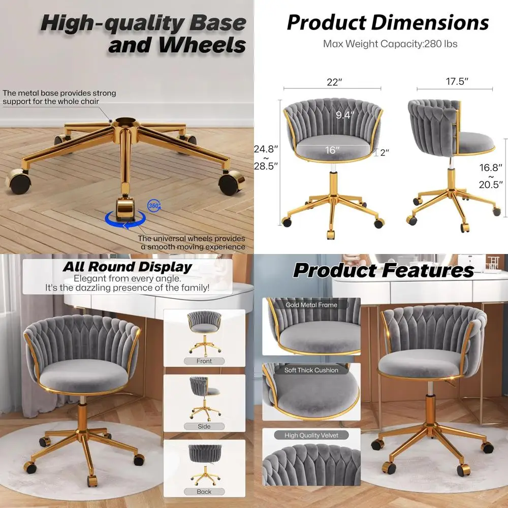 

Modern Velvet Swivel Chair with Adjustable Height, Gold Base, for Home Office and Study, Gray