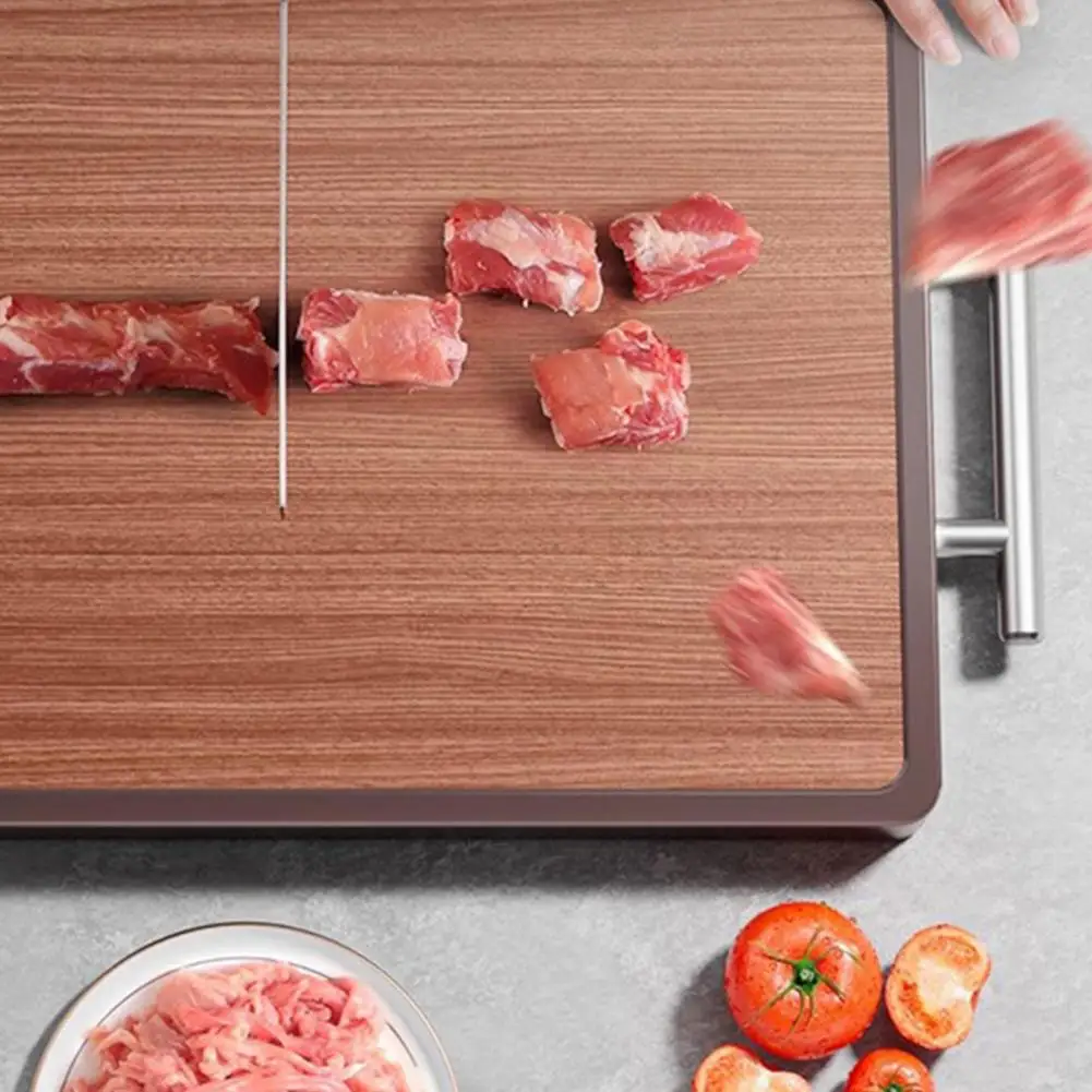 Portable Chopping Board Stainless Steel Double-sided Cutting Board with Juice Slot Reversible Wood Ebony Chopping Board for Meat