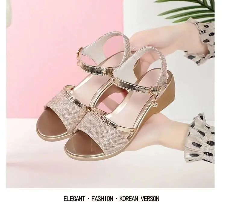 Woman Shoes Plus Size 35-41 Summer Fashion Sequin Med Heels Sandals Casual Open Toe Square Heel Party Evening Solid Color Shoes