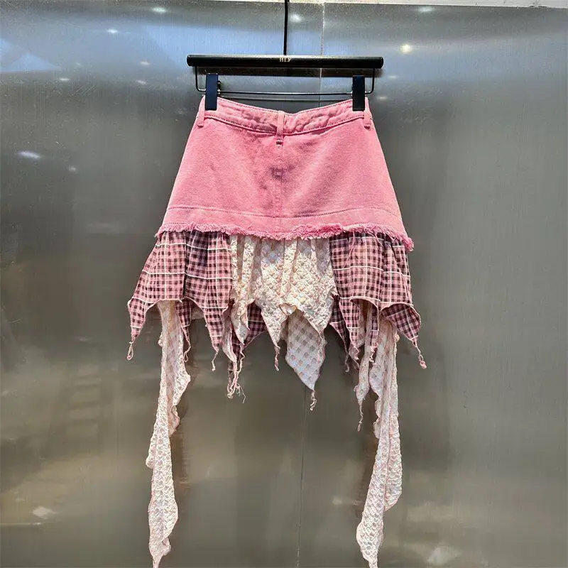 Summer Irregular Denim Splicing Skirt For Women 2026 New Korean Casual Fashion Street Style Plaid Tassel Color Blocking Skirts
