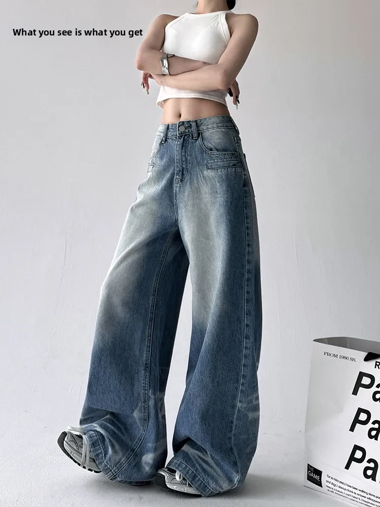 الرجعية الأمريكية الساخنة فتاة الدينيم الجينز المرأة خريف جديد الهيب هوب فضفاض Waed الأزرق عالية الخصر بنطال ذو قصة أرجل واسعة تأثير التخسيس