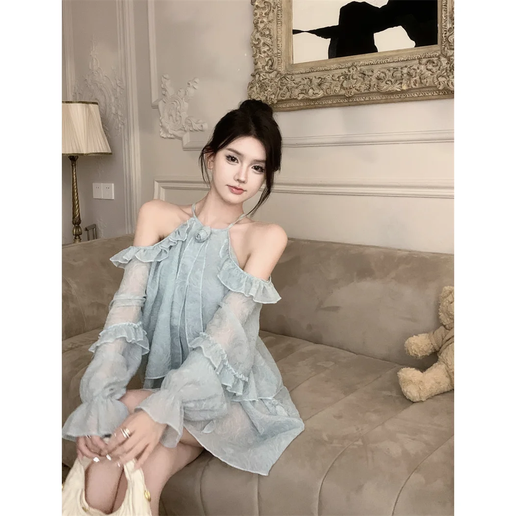 

One-shoulder Long-sleeved Halter Neck Off-shoulder Shirt for Women, Summer Chiffon Shirt, Loose Ruffled Top