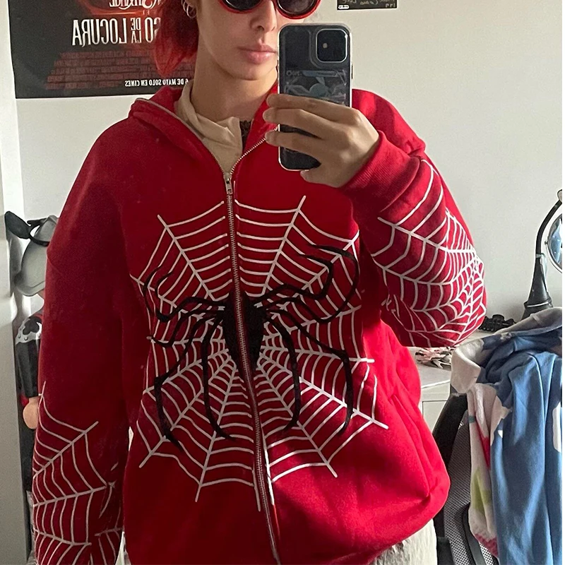 Y2k Hoodie Spider Web Printed Goth Black Hoodie Sweatshirt Zipper Streetwear Oversized Jacket Men And Women Hoodie Interesting