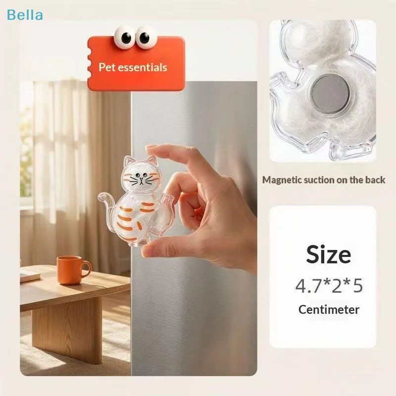 ♩Cute Cat Shaped Clear PP Fridge Magnet With Pet Fur Storage Function For Home Kitchen Decor Cat Lovers