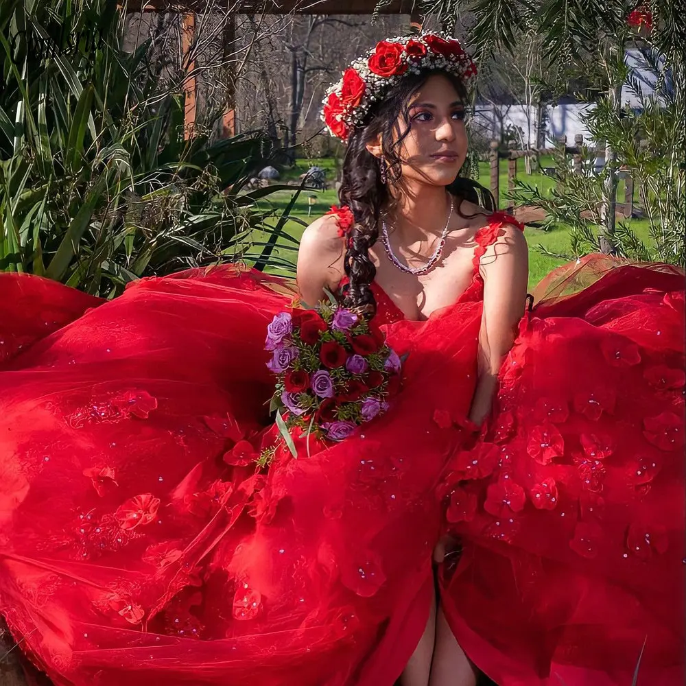 Vestido de fiesta de quinceañera hecho a mano, rojo, escote corazón, con tirantes finos, con cuentas, apliques de flores, 15