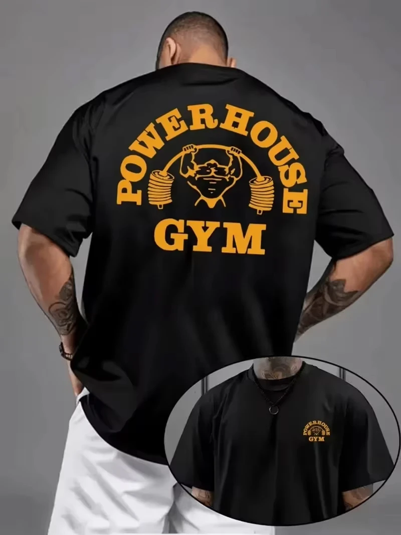 Men's Black Oversized Gym T-Shirt, Powerhouse Gym Retro Graphic Print, Lifting Workout Streetwear Casual Tee