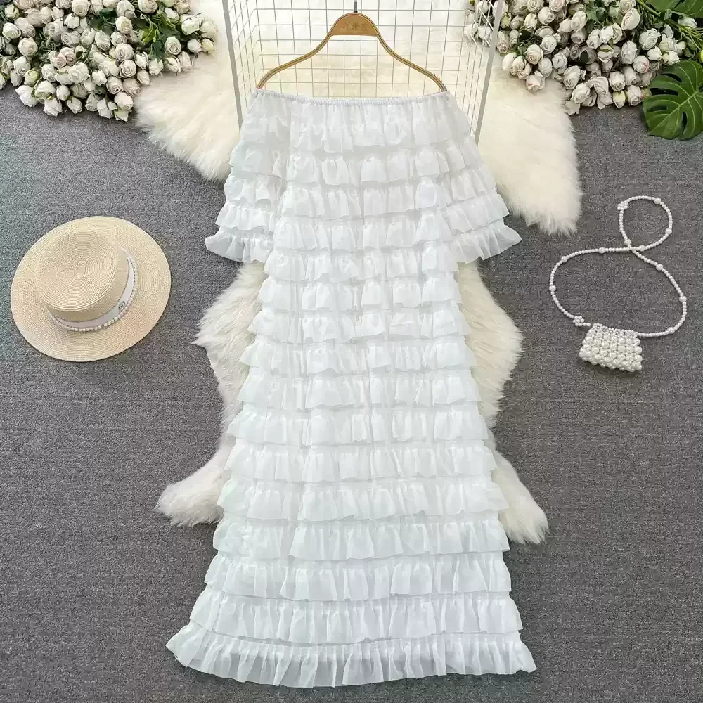 Women Slash Neck Off Shoulder Vintage Short Sleeve Tiered Ruffles Loose A-line Dresses French High Street Spring Winter Clothing