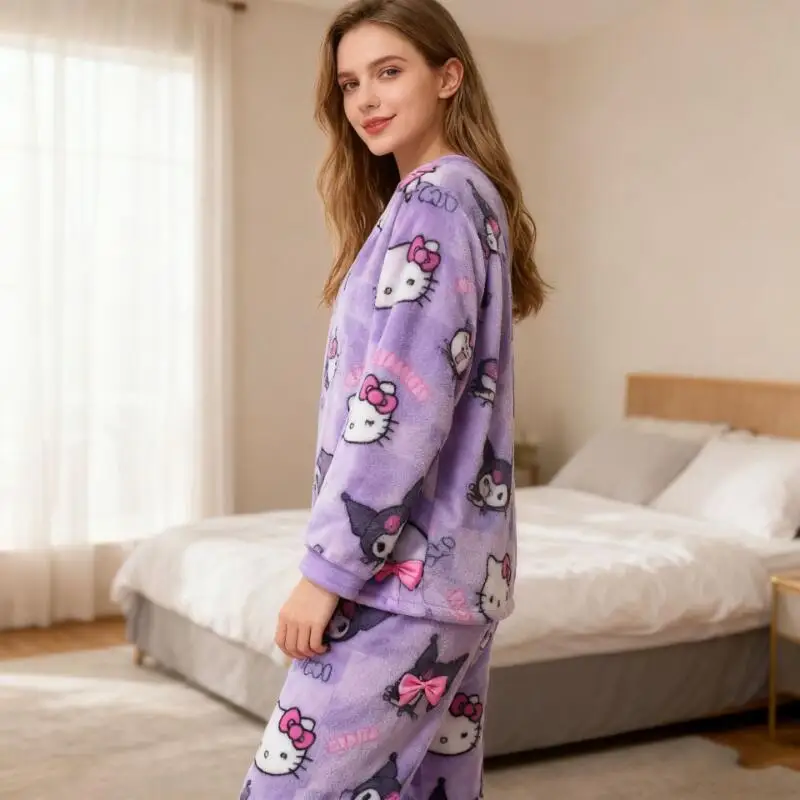 

Зимний пижамный комплект «Hello Kitty», фланелевые штаны, кавайный пижамный костюм с героями мультфильмов, теплые утепленные женские штаны, плюшевая домашняя одежда, милая одежда для сна