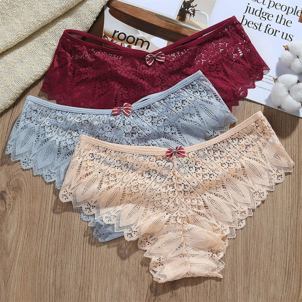 Women's Sexy Lace Trim Design Inspired Cross Waistband Thong Panties Butterfly Floral Design Briefs Perspective Ladies Underwear