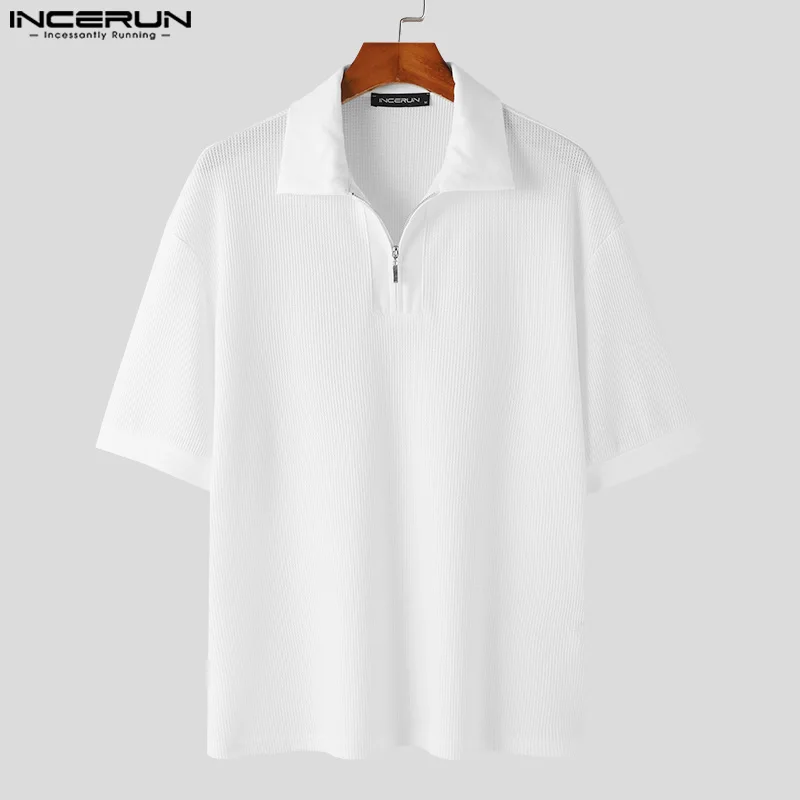 INCERUN Tops 2024 Korean Style Men\'s Knitted Zippered Lapel Design Shirts Leisure Simple Comfortable Short Sleeved Blouse S-5XL