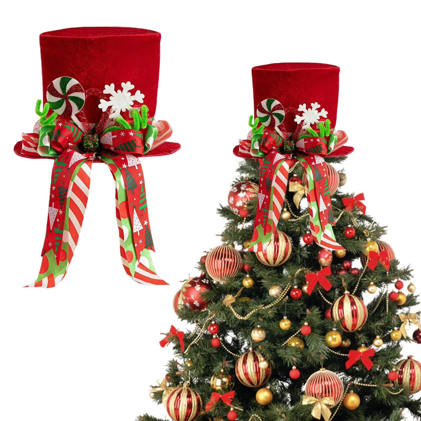 

Christmas Tree Topper Christmas Tree Decoration Red Velvet Bow Candy Snowflake Xmas Tree Top Hat 2025 Christmas Decoration
