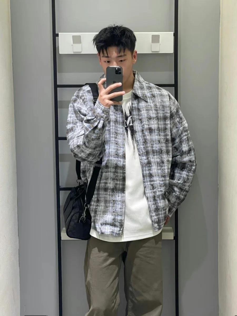American Retro Destroyed Hem adient Long Sve Double Zipper Plaid Men's Loose irt Jaet Youth Trend Spring Autumn