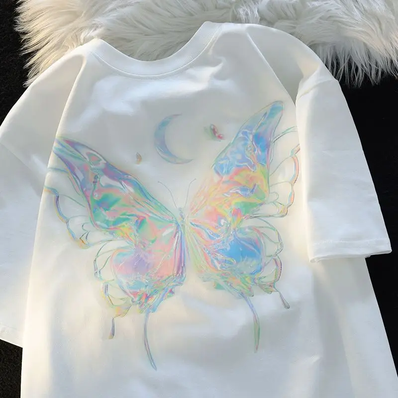 European and American Colored Butterfly Printed Pure Cotton Heavyweight Short Sleeved T-shirt for Men and Women Versatile Top